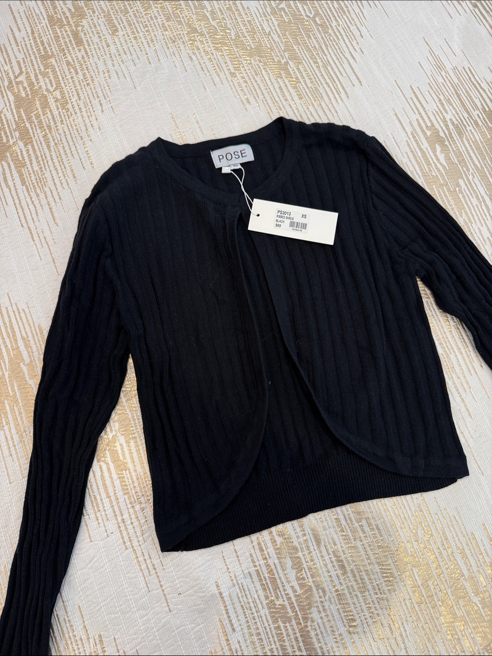 Women's Black Ribbed Open-Front Cardigan